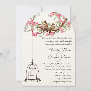Pink Cherry Blossom Vintage Birds Birdcage Hochzei Einladung