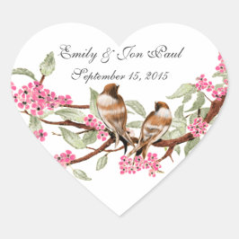 Pink Cherry Blossom Vintage Vögel Hochzeitsticker Herz-Aufkleber