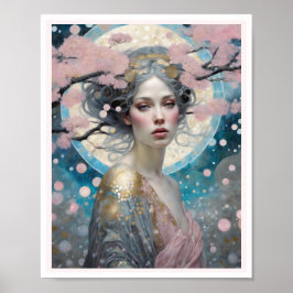 Pink Cherry Blossom Woman Art Deco Circles Poster
