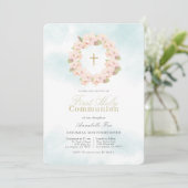 Pink Cherry Blossom Wreath Erste Heilige Kommune Einladung (Stehend Vorderseite)