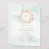 Pink Cherry Blossom Wreath Erste Heilige Kommune Einladung (Vorderseite)