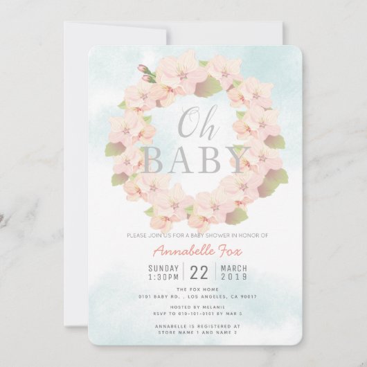 Pink Cherry Blossom Wreath Oh Babydusche Einladung (Vorderseite)