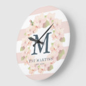 Pink Cherry Blossom Wreath Strip Monogramm Große Wanduhr (Winkel)