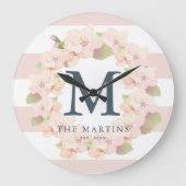 Pink Cherry Blossom Wreath Strip Monogramm Große Wanduhr (Vorderseite)