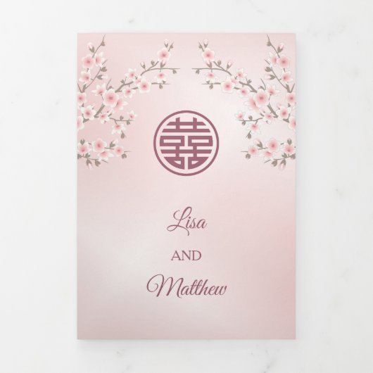 Pink Cherry Blossom | Zweisprachig | Chinesische H Dreifach Gefaltete Einladung (Cover)