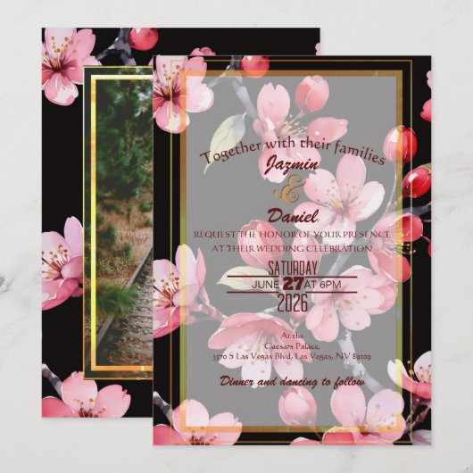 Pink Cherry Blossoms Black Photo Box Invitation Einladung (Vorne/Hinten)