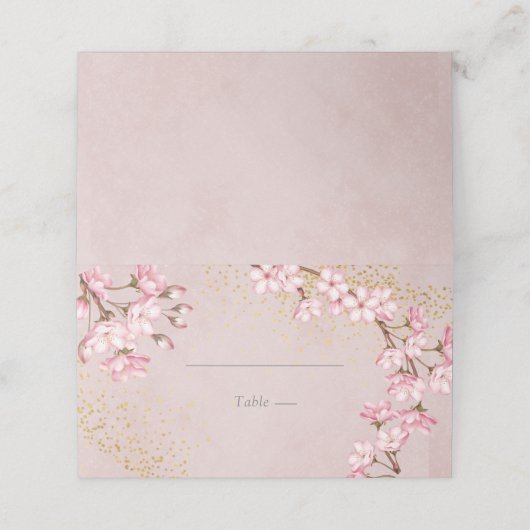 Pink Cherry Blossoms Gold Glitzer Hochzeit Platzkarte (Außenseite Aufgefaltet)