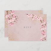 Pink Cherry Blossoms Gold Glitzer Hochzeit RSVP Karte (Vorne/Hinten)