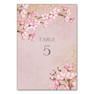 Pink Cherry Blossoms Gold Glitzer Hochzeit Tischnummer