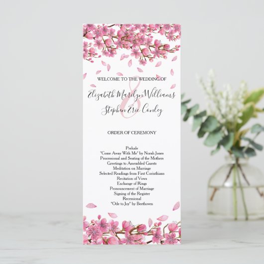 Pink Cherry Blossoms Hochzeit Programm (Stehend Vorderseite)