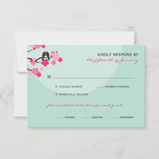Pink Cherry Blossoms Love Birds Wedding RSVP Card (Vorderseite)