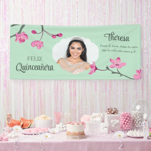 Pink Cherry Blüten, Mint Green Quinceneara Foto Banner (Party)