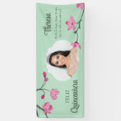 Pink Cherry Blüten, Mint Green Quinceneara Foto Banner (Vertikal)