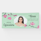 Pink Cherry Blüten, Mint Green Quinceneara Foto Banner (Horizontal)