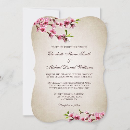 Pink Cherry Blüten Vintag Tan Hochzeit Einladung (Vorderseite)