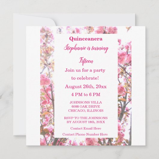 Pink Cherry Floral Quinceanera Fünfzehnte Geburtst Einladung (Vorderseite)