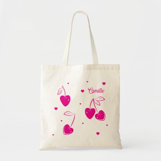 Pink Cherry Hearts Whimsical Niedlich Shape Name Tragetasche (Vorne)