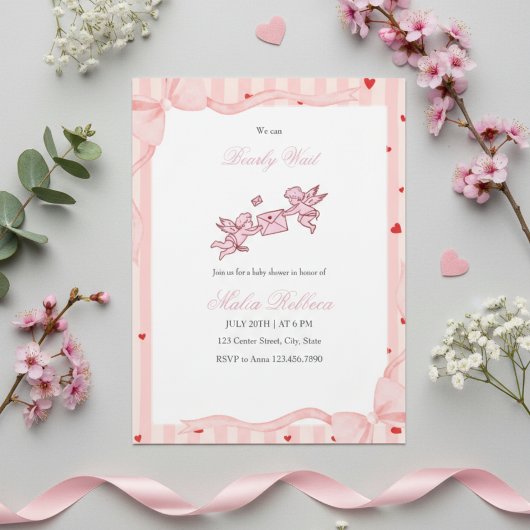 Pink Cherub Bearly Wait Baby Shower Invitation Einladung