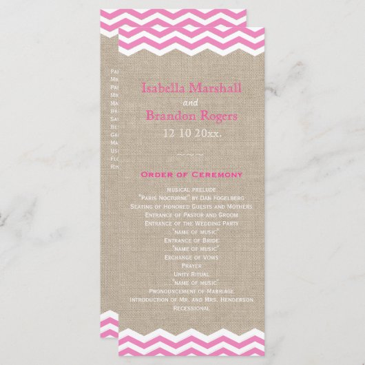 Pink Chevrons auf Burlap Wedding Programm (Vorne/Hinten)