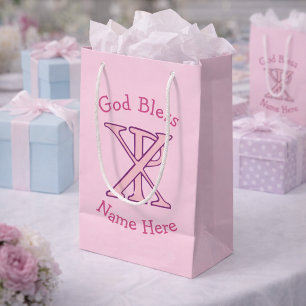 Pink Chi Ro Christlich Cross auf Pink Personalisie Kleine Geschenktüte