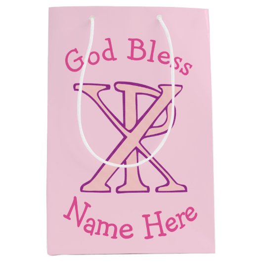 Pink Chi Ro Christlich Cross auf Pink Personalisie Mittlere Geschenktüte (Vorderseite)
