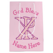 Pink Chi Ro Christlich Cross auf Pink Personalisie Mittlere Geschenktüte (Rückseite)