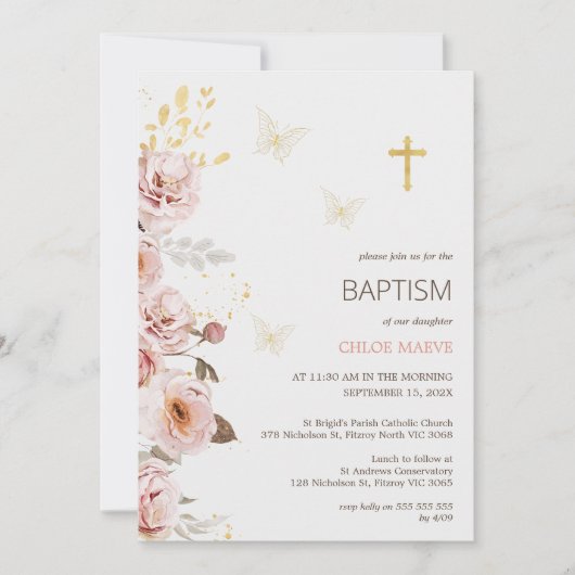 Pink Chic Floral Butterfly Christening Taufe Einladung (Vorderseite)