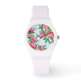 Pink Chic Floral Peonies Einfache Elegante Blume Armbanduhr