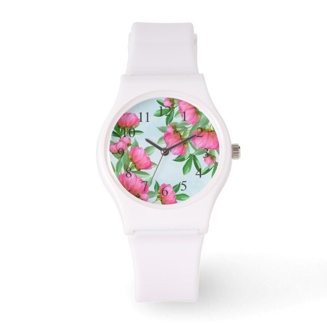 Pink Chic Floral Peonies Einfache Elegante Blume Armbanduhr (Vorderseite)