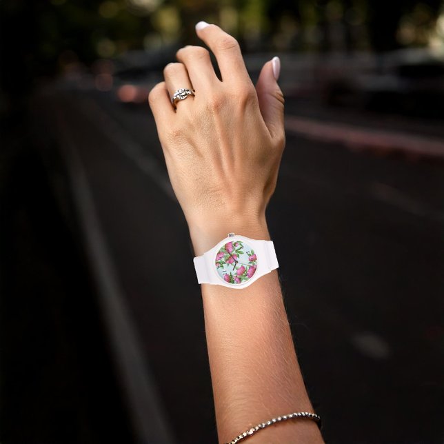 Pink Chic Floral Peonies Einfache Elegante Blume Armbanduhr (Peonies Floral Watch)