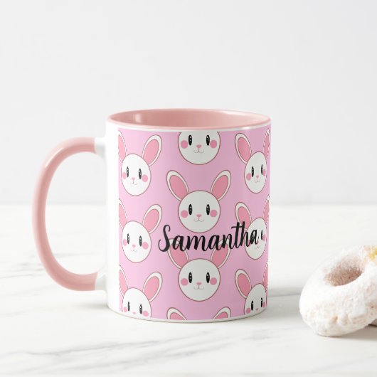 Pink Chic Modern Niedlich Fluffy Bunny Rabbit Tasse (Mit Donut)