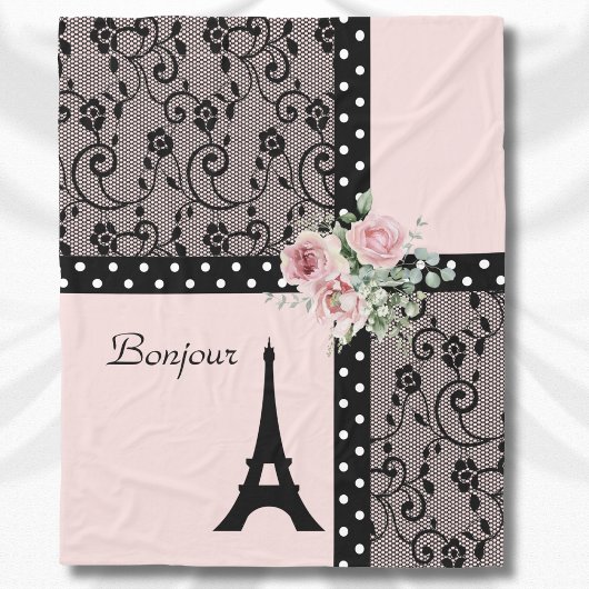 Pink Chic Polka Dot Paris Bonjour Blanket Fleecedecke