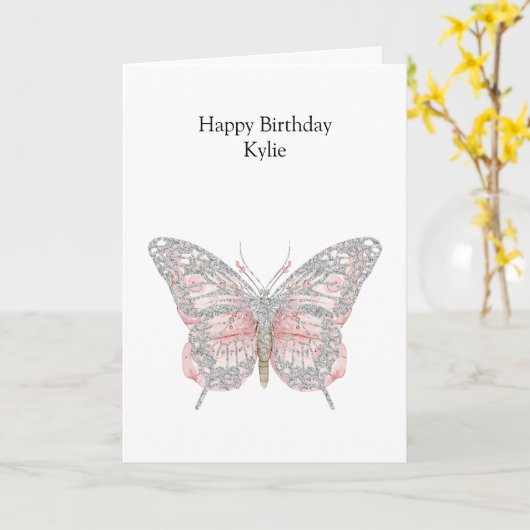 Pink Chic Silver Butterfly Geburtstag Karte (Gelbe Blume)