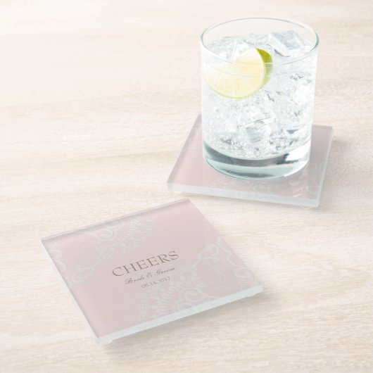 Pink Chic Vintag Elegant Lace Wedding Cheers Glasuntersetzer (Schrägansicht)