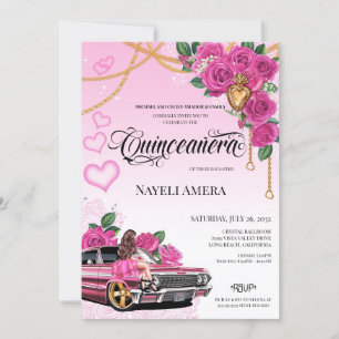 Pink Chicana Lowrider Chola Quinceanera Einladung