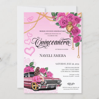 Pink Chicana Lowrider Chola Quinceanera Einladung