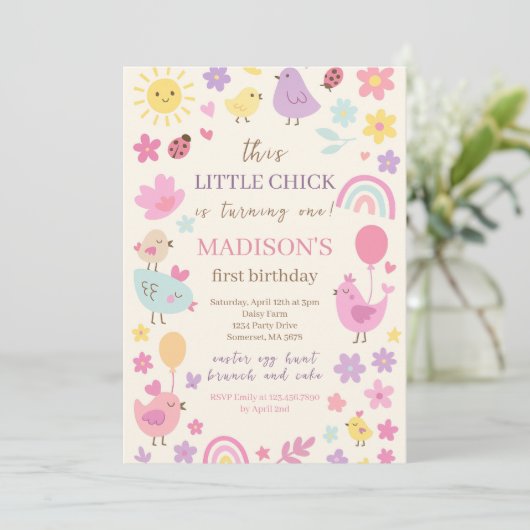 Pink Chicken 1. Geburtstag Party Einladung (Stehend Vorderseite)