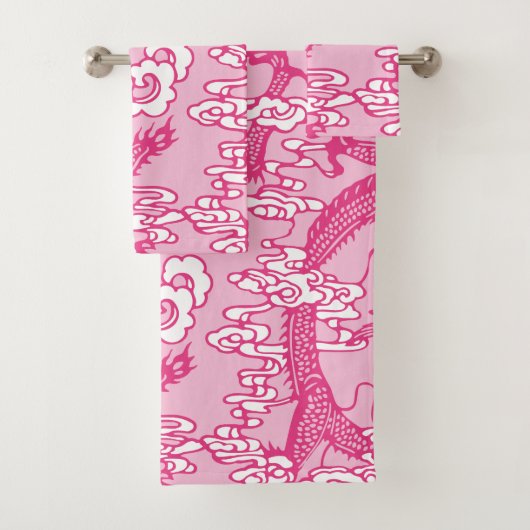 Pink Chinesisches Drachenmuster Badhandtuch Set (Insitu)