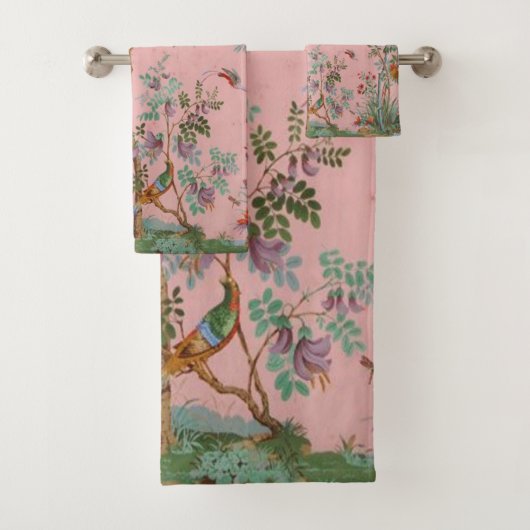 Pink Chinoiserie Bird Floral Elegant Badhandtuch Set (Insitu)