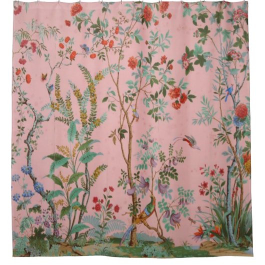 Pink Chinoiserie Bird Floral Elegant Duschvorhang (Vorderseite)