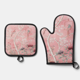 Pink Chinoiserie Bird Floral Elegant Ofenhandschuh & Topflappen-Set