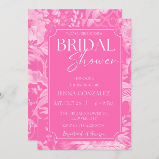 Pink Chinoiserie Bläserndes Peony Brautparty Einladung (Vorne/Hinten)