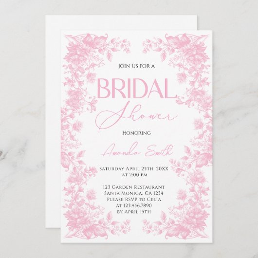 Pink Chinoiserie Blumengarten Brautparty Einladung (Vorne/Hinten)