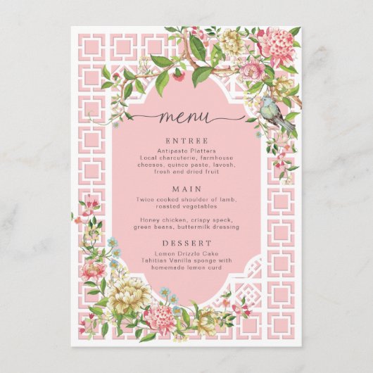 Pink Chinoiserie Blumenmenü - Trianon Menükarte (Vorderseite)