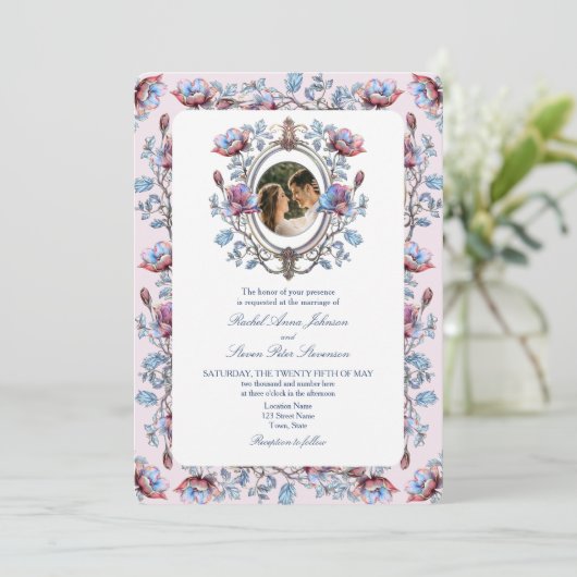 Pink Chinoiserie Foto Hochzeit Einladung (Stehend Vorderseite)