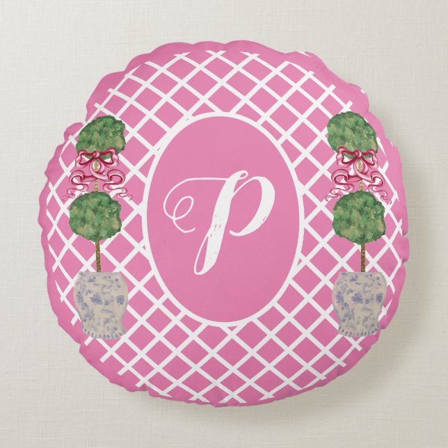 Pink Chinoiserie Ginger Jar Jars Topiary Basket Rundes Kissen (Vorderseite)