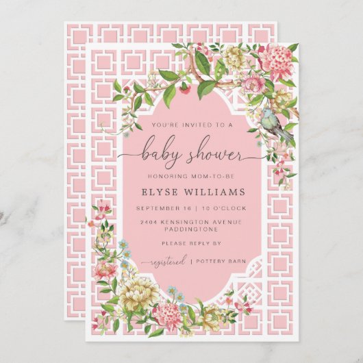 Pink Chinoiserie Kinderdusche Einladung - Trianon (Vorne/Hinten)