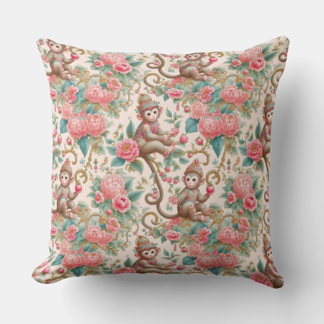 Pink Chinoiserie Monkey Kissen (Vorderseite)