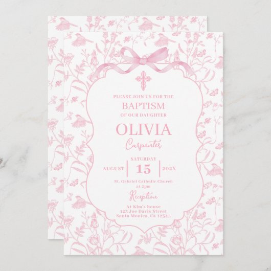 Pink Chinoiserie Taufe Girl Einladung (Vorne/Hinten)