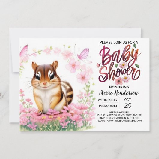 Pink Chipmunk Blooms Girl Baby Dusche Einladung (Vorderseite)